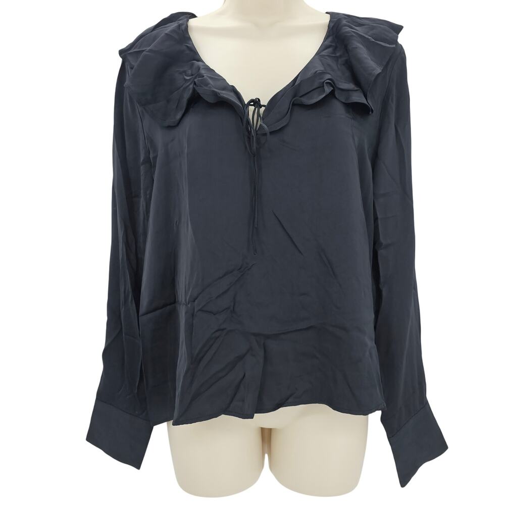 J. Crew Womans size S Goldie Ruffle Collar Satin Top Shirt Black CD054 NEW